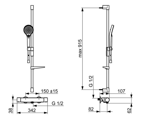 HANSA OPTIMA sprchový set s termostatickou batériou, ručná sprcha, tyč, hadica, chróm 481303310009 Technický nákres