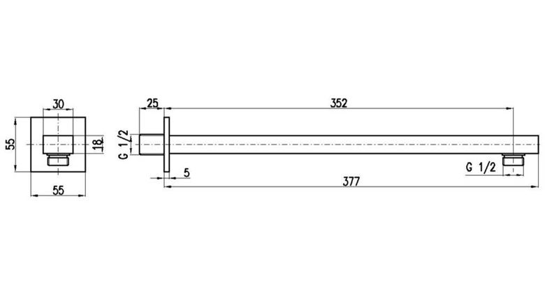 RAV SLEZÁK sprchové rameno 377 mm, nástenné, chróm MD0450 Technický nákres