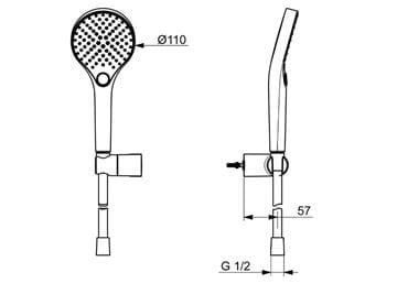 HANSA VIVA sprchová súprava 3-dielna, ručná sprcha pr. 110 mm, 3 prúdy, hadica, držiak, matná čierna 4417022033 Technický nákres