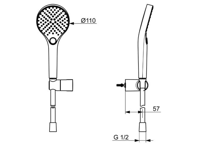 HANSA VIVA sprchová súprava 3-dielna, ručná sprcha pr. 110 mm, 3 prúdy, hadica, držiak, matná čierna 4417022033 Technický nákres