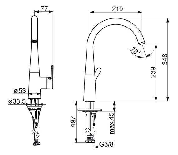 HANSA DESIGNO STYLE drezová batéria, brúsená oceľ 5101228380 Technický nákres