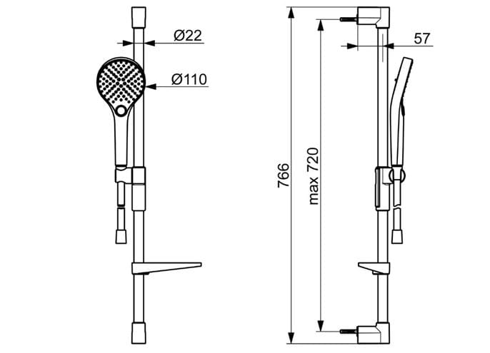 HANSA VIVA vsprchová súprava 4-dielna, ručná sprcha pr. 110 mm, 3 prúdy, tyč, hadica, mydelnička, matná čierna 4416021033 Technický nákres