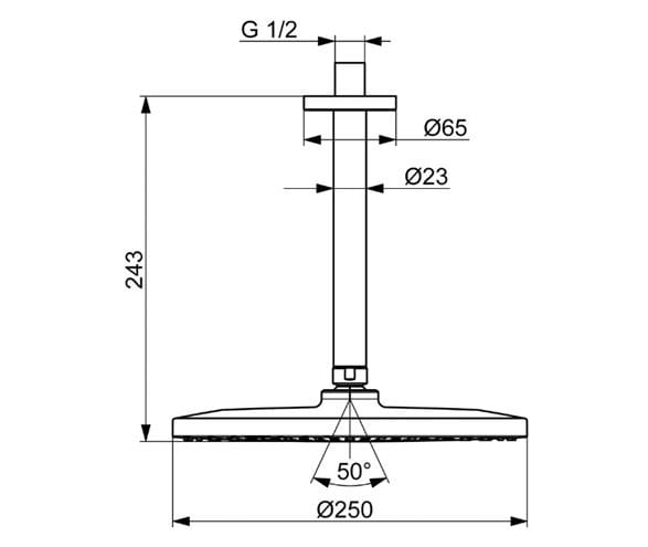 HANSA VIVA horná sprcha pr. 250 mm, s ramenom, chróm 44270200 Technický nákres