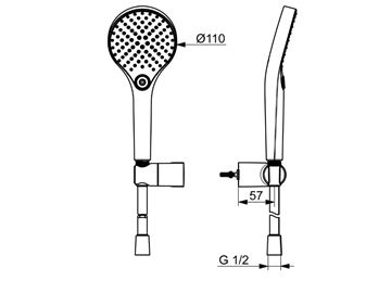 HANSA VIVA sprchová súprava 3-dielna, ručná sprcha pr. 110 mm, 3 prúdy, hadica, držiak, chróm 44170220 Technický nákres