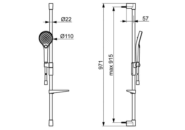 HANSA VIVA vsprchová súprava 4-dielna, ručná sprcha pr. 110 mm, 3 prúdy, tyč, hadica, mydelnička, chróm 44150330 Technický nákres