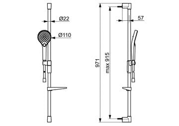 HANSA VIVA vsprchová súprava 4-dielna, ručná sprcha pr. 110 mm, 3 prúdy, tyč, hadica, mydelnička, chróm 44150330 Technický nákres