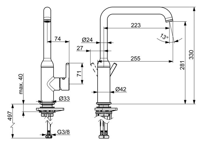 HANSA VANTIS STYLE drezová batéria, chróm 54202207 Technický nákres