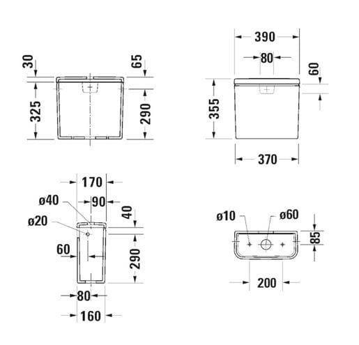 DURAVIT NO.1 WC kombi nádržka, bočný prívod vody, Dual-Flush 0941000005 Technický nákres