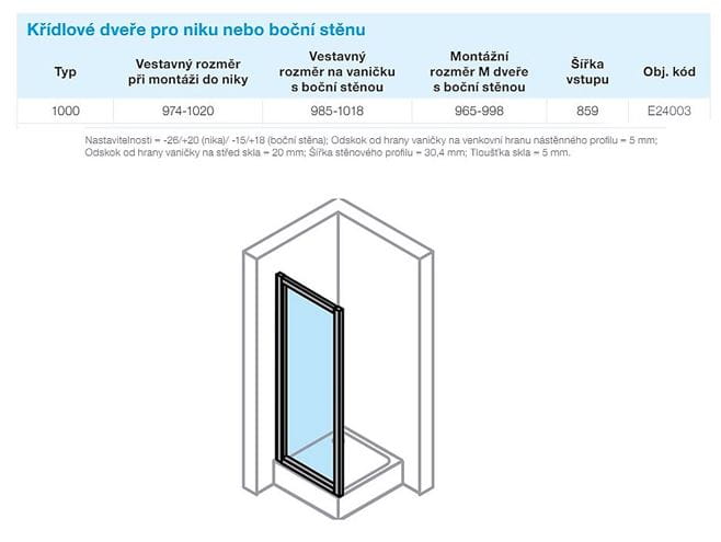 CONCEPT 70 sprchové dvere 100x190 cm, krídlové, strieborná matná/číre sklo E24003.087.322 Technický nákres