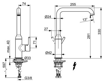 HANSA VANTIS STYLE drezová batéria pre beztlakové ohrievače vody, chróm 54221107 Technický nákres