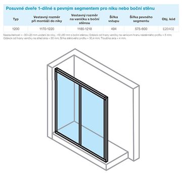 CONCEPT 70 sprchové dvere 120x190 cm, posuvné, strieborná matná/číre sklo E20402.087.322 Technický nákres