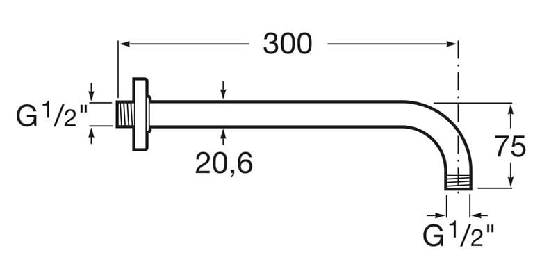 ROCA RAINDREAM sprchové rameno 300 mm, nástenné, chróm A5B0150C00 Technický nákres