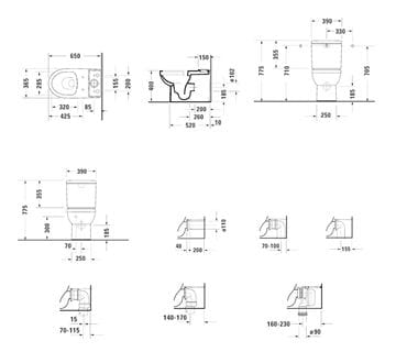 DURAVIT NO.1 WC kombi misa, Rimless splachovanie, zadný odpad 21820900002 Technický nákres