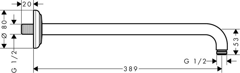 AXOR MONTREUX sprchové rameno 389 mm, nástenné, chróm 27348000 Technický nákres