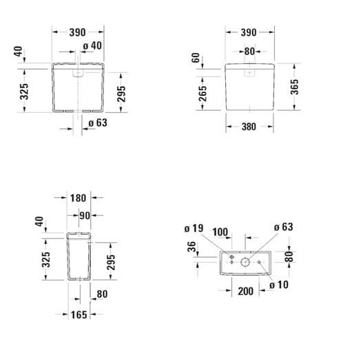 DURAVIT STARCK 3 WC kombi nádržka, spodný prívod vody, Dual-Flush, WonderGliss 09201000051 Technický nákres
