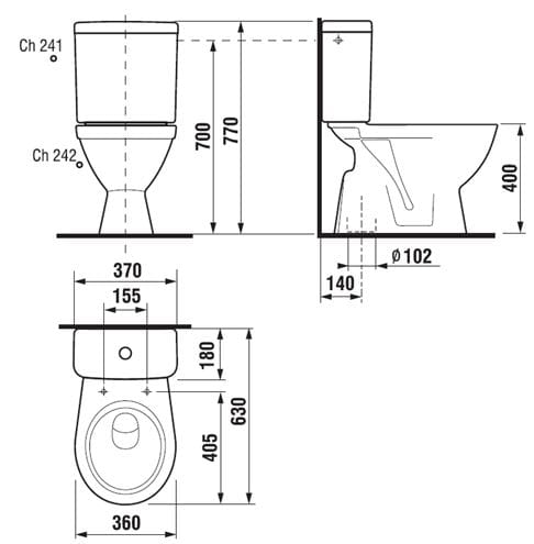 JIKA LYRA PLUS WC kombi misa, spodný odpad H8243870000001 Technický nákres