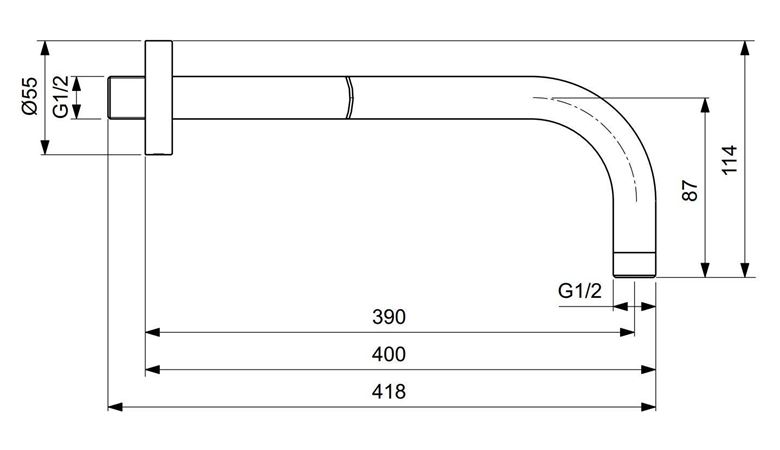 IDEAL STANDARD IDEALRAIN sprchové rameno 400 mm, nástenné, chróm B9445AA Technický nákres