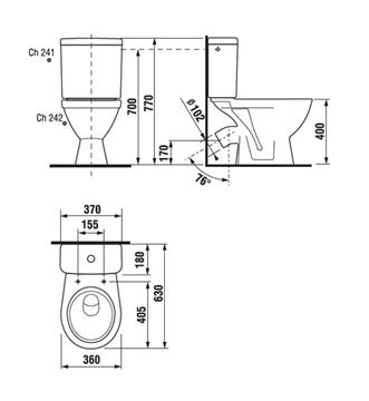 JIKA LYRA PLUS WC kombi misa, šikmý odpad H8243840000001 Technický nákres