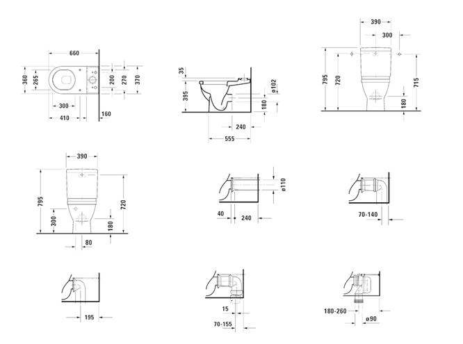 DURAVIT STARCK 3 WC kombi misa, vario odpad, WonderGliss 01280900001 Technický nákres