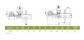 HERZ dvojitý rohový ventil 1/2"x3/4"x3/8", chróm UH13111 Technický nákres