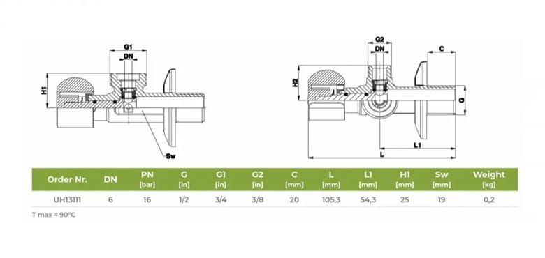 HERZ dvojitý rohový ventil 1/2"x3/4"x3/8", chróm UH13111 Technický nákres