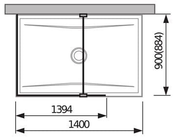 JIKA CUBITO PURE L walk-in do rohu, 1 stena 140x200 cm, 1 stena 90x200 cm, strieborná/transparentné sklo H2694260026681 Technický nákres