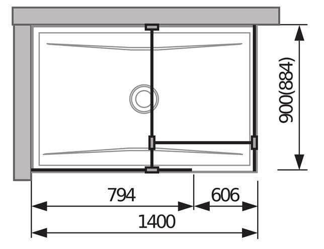 JIKA CUBITO PURE walk-in do priestoru, 2 steny 884×200 cm, 1 stena 794x200 cm, strieborná/transparentné sklo H2694200026681 Technický nákres