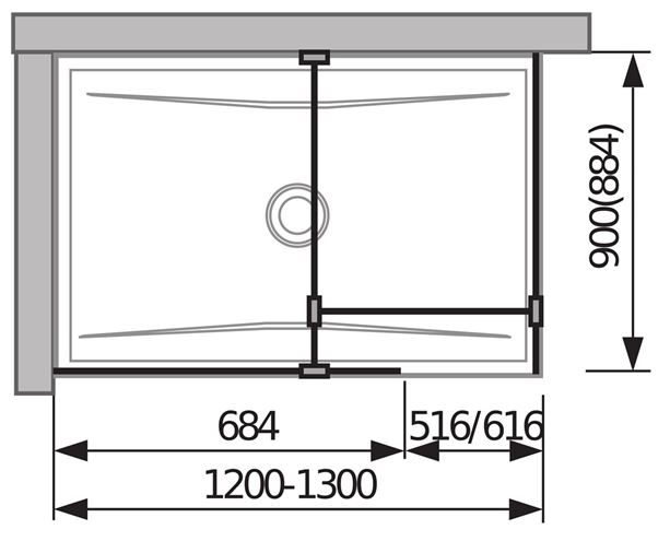 JIKA CUBITO PURE stena walk-in 68,4x200 cm, strieborná/sklo transparent H2684240026681 Technický nákres