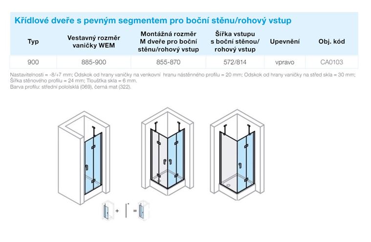 CONCEPT 400 sprchové dvere 90x197 cm, krídlové, pravé, matná čierna/číre sklo CA0103.123.322 Technický nákres