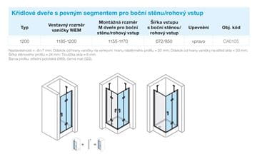 CONCEPT 400 sprchové dvere 120x197 cm, krídlové, pravé, matná čierna/číre sklo CA0105.123.322 Technický nákres