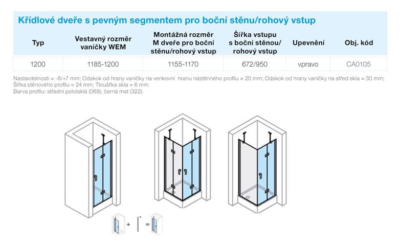 CONCEPT 400 sprchové dvere 120x197 cm, krídlové, pravé, matná čierna/číre sklo CA0105.123.322 Technický nákres