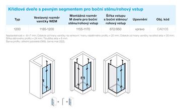 CONCEPT 400 sprchové dvere 120x197 cm, krídlové, pravé, strieborná pololesklá/číre sklo CA0105.069.322 Technický nákres