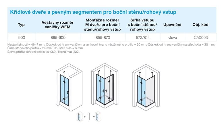 CONCEPT 400 sprchové dvere 90x197 cm, krídlové, ľavé, matná čierna/číre sklo CA0003.123.322 Technický nákres