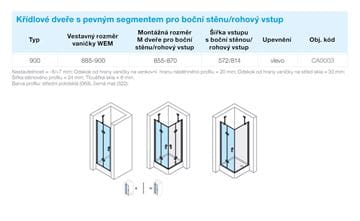 CONCEPT 400 sprchové dvere 90x197 cm, krídlové, ľavé, matná čierna/číre sklo CA0003.123.322 Technický nákres