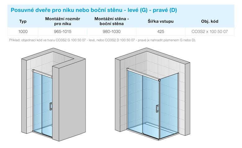 CONCEPT 300 STYLE sprchové dvere 100x200 cm, posuvné, ľavé, aluchróm/číre sklo CO3S2 G 100 50 07 Technický nákres