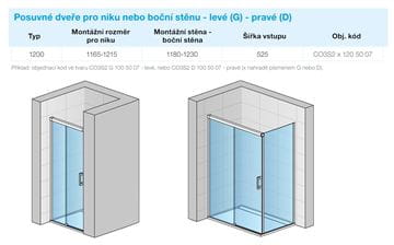 CONCEPT 300 STYLE sprchové dvere 120x200 cm, posuvné, ľavé, aluchróm/číre sklo CO3S2 G 120 50 07 Technický nákres