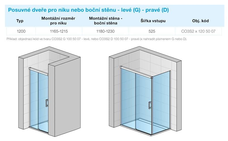 CONCEPT 300 STYLE sprchové dvere 120x200 cm, posuvné, ľavé, aluchróm/číre sklo CO3S2 G 120 50 07 Technický nákres