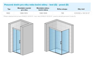 CONCEPT 300 STYLE sprchové dvere 160x200 cm, posuvné, ľavé, aluchróm/číre sklo CO3S2 G 160 50 07 Technický nákres