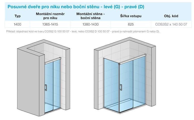 CONCEPT 300 STYLE sprchové dvere 140x200 cm, posuvné, pravé, aluchróm/číre sklo CO3S2 D 140 50 07 Technický nákres