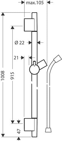 HANSGROHE UNICA S PURO sprchová tyč 1008 mm s držiakom, hadica, chróm 28631000 Technický nákres