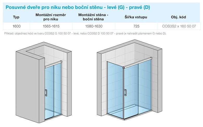 CONCEPT 300 STYLE sprchové dvere 160x200 cm, posuvné, pravé, aluchróm/číre sklo CO3S2 D 160 50 07 Technický nákres