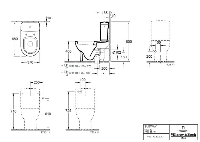 VILLEROY & BOCH SUBWAY WC kombi nádržka, bočný a zadný prívod vody, CeramicPlus, biela alpín 772311R1 Technický nákres
