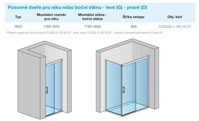 CONCEPT 300 STYLE sprchové dvere 180x200 cm, posuvné, pravé, aluchróm/číre sklo CO3S2 D 180 50 07 Technický nákres
