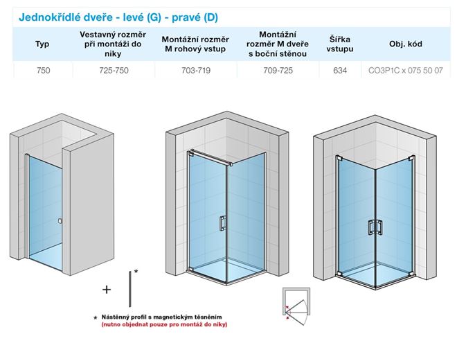 CONCEPT 300 STYLE sprchové dvere 75x200 cm, lietacie, ľavé, aluchróm/číre sklo CO3P1C G 075 50 07 Technický nákres