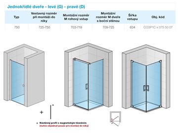 CONCEPT 300 STYLE sprchové dvere 75x200 cm, lietacie, ľavé, aluchróm/číre sklo CO3P1C G 075 50 07 Technický nákres