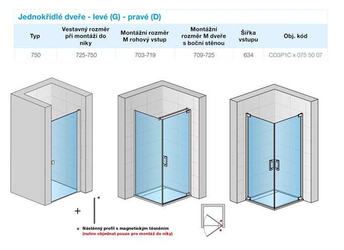 CONCEPT 300 STYLE sprchové dvere 75x200 cm, lietacie, pravé, aluchróm/číre sklo CO3P1C D 075 50 07 Technický nákres