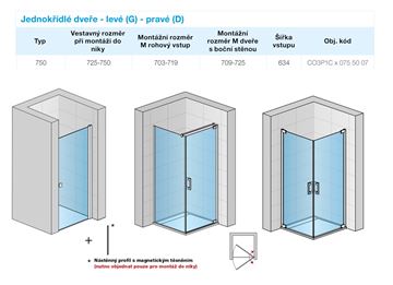 CONCEPT 300 STYLE sprchové dvere 75x200 cm, lietacie, pravé, aluchróm/číre sklo CO3P1C D 075 50 07 Technický nákres