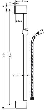 HANSGROHE UNICA CROMETTA sprchová tyč 669 mm s držiakom ručnej sprchy, hadica, chróm 27615000 Technický nákres