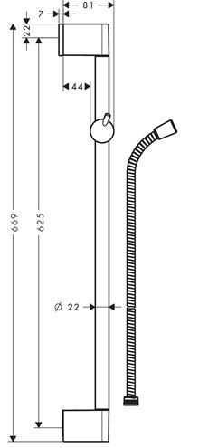 HANSGROHE UNICA CROMETTA sprchová tyč 669 mm s držiakom ručnej sprchy, hadica, chróm 27615000 Technický nákres