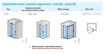CONCEPT 300 STYLE sprchové dvere 140x200 cm, lietacie, ľavé, aluchróm/číre sklo CO3P13P G 140 50 07 Technický nákres